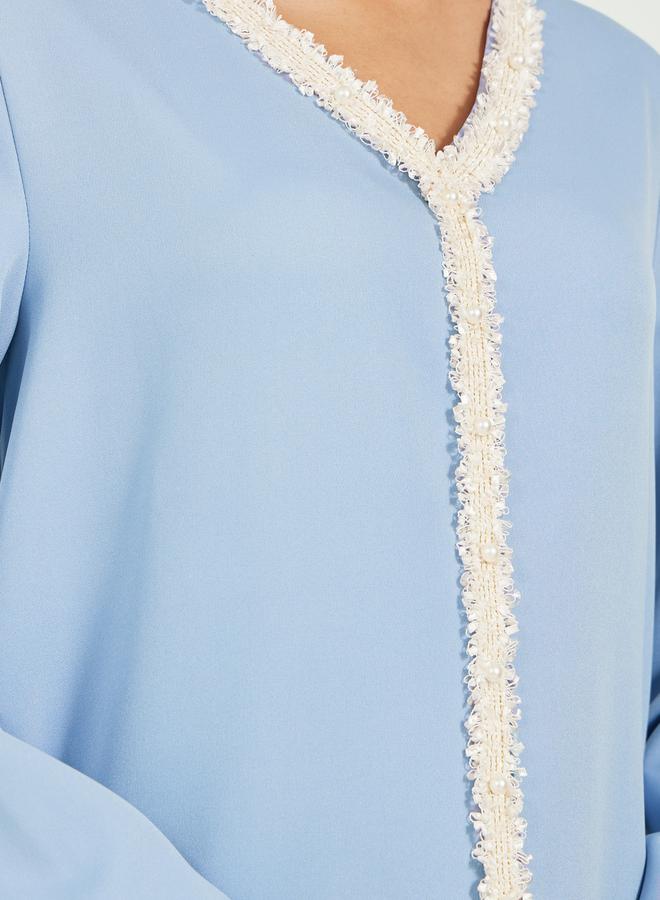 Styli Solid Tweed Lace Detail A-Line Jalabiya - Image 4