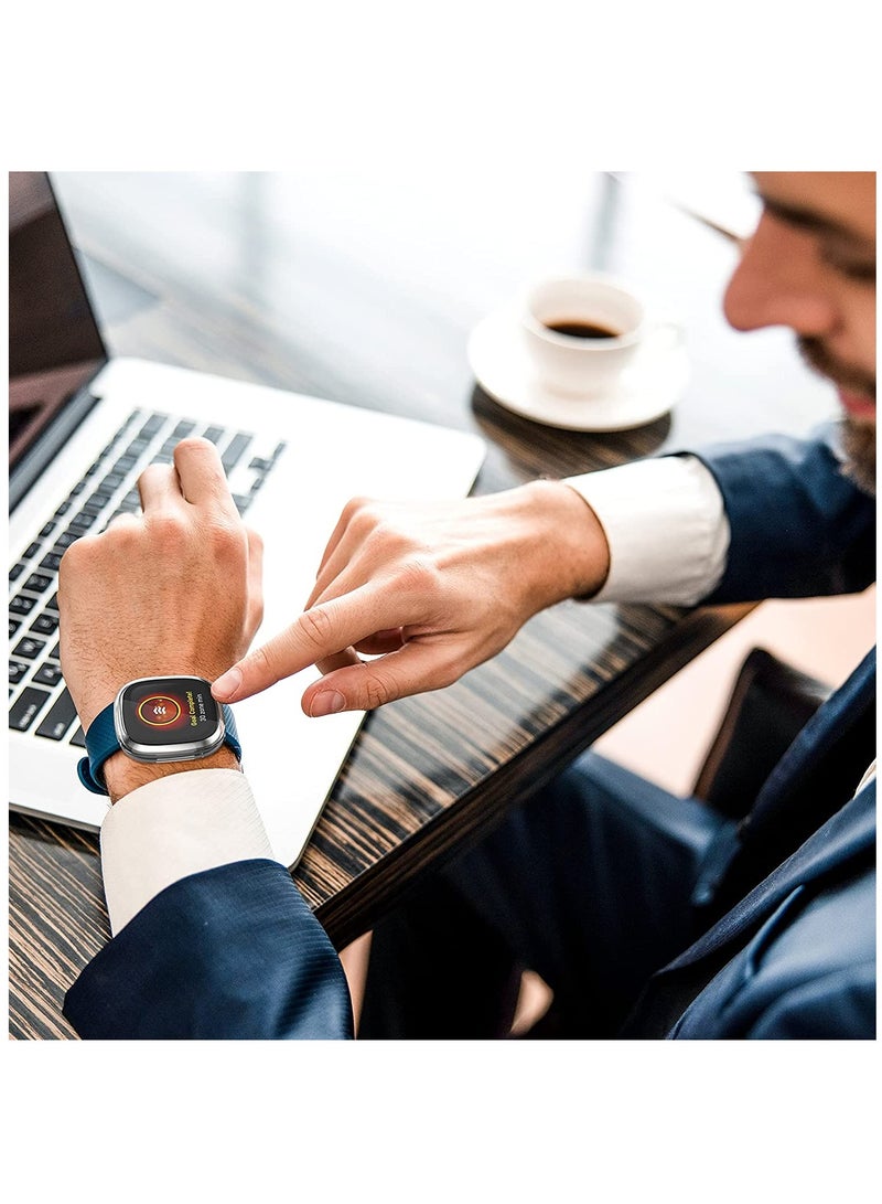 SOLARAE 3-Pack HD Tempered Glass Screen Protector for Fitbit Sense/Versa 3, Sensitive Touch Protective Case with Full Coverage Bumper, Hard PC Cover in Blue/Black/Transparent. - Image 4