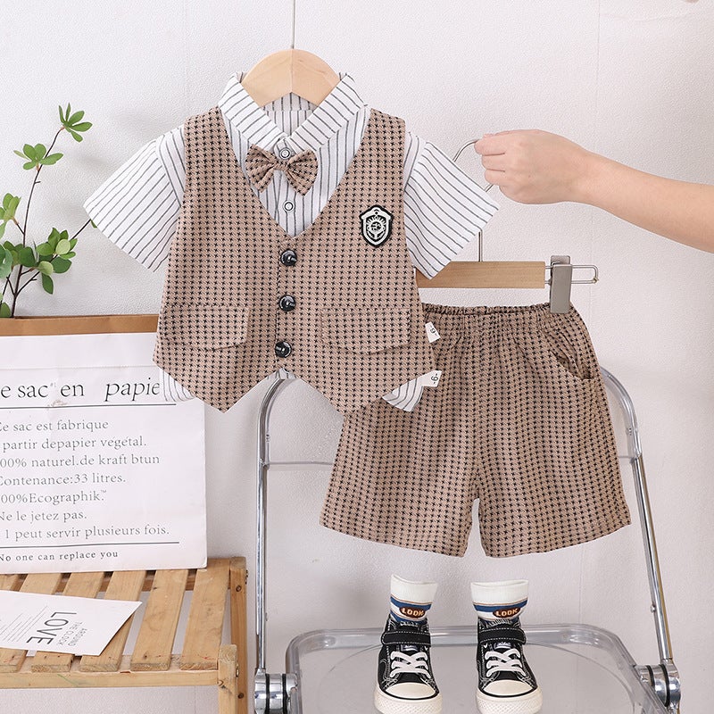 Boys Summer Short-sleeved suit Summer New Childrens Casual Shoes Vest Bow-tie Short-sleeved Three-piece Set Brown - Image 1