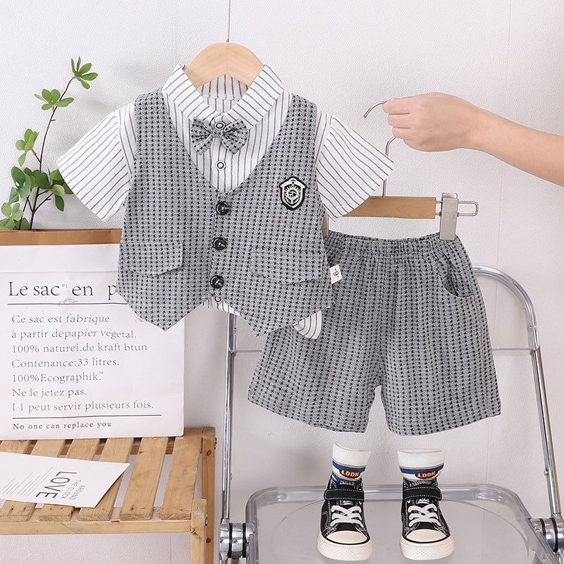 Boys Summer Short-sleeved suit Summer New Childrens Casual Shoes Vest Bow-tie Short-sleeved Three-piece Set Brown - Image 2