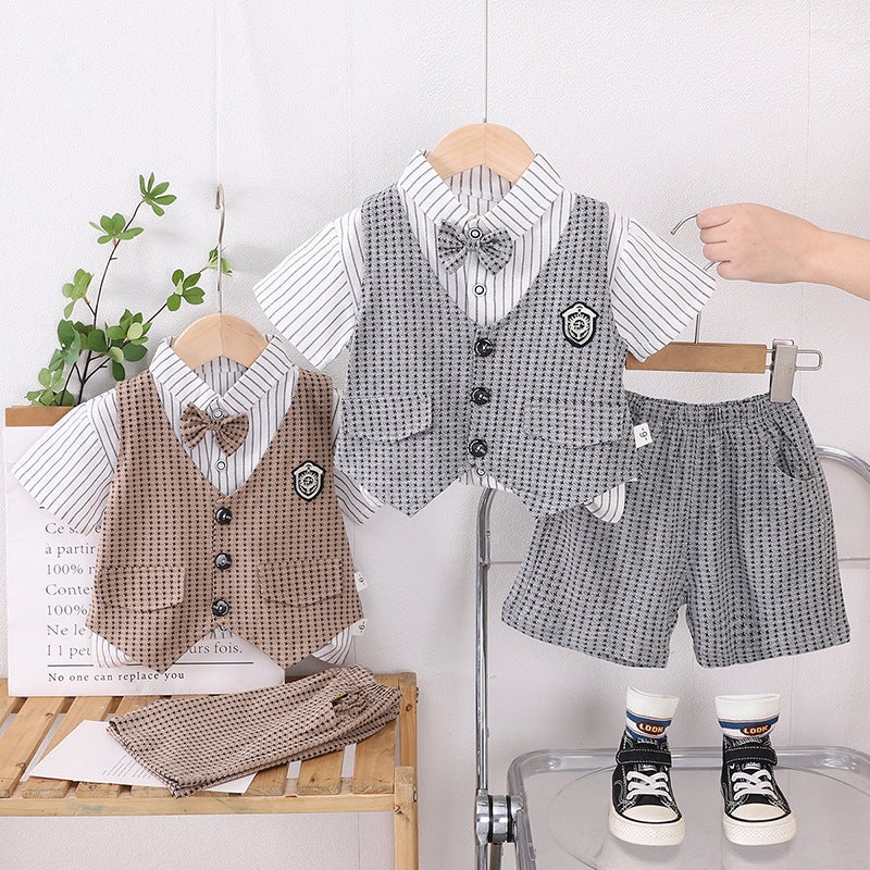 Boys Summer Short-sleeved suit Summer New Childrens Casual Shoes Vest Bow-tie Short-sleeved Three-piece Set Brown - Image 3