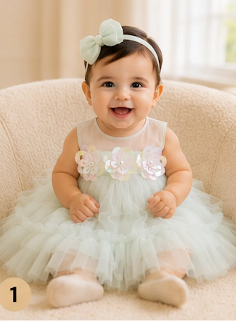أرتيميا Artemea Baby Girls Floral Sequin Embellished Layered Mesh Party Dress - Green