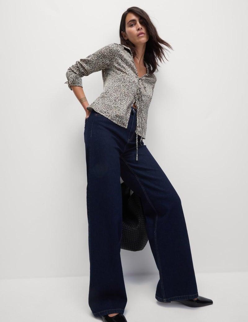 Marks & Spencer Satin Printed Tie Front Blouse Brown Mix - Image 3