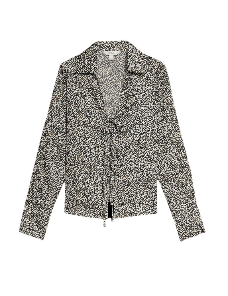Marks & Spencer Satin Printed Tie Front Blouse Brown Mix - Image 5