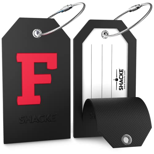 Shacke Initial Luggage Tag with Full Privacy Cover and Stainless Steel Loop - Black (Letter F) - Image 2
