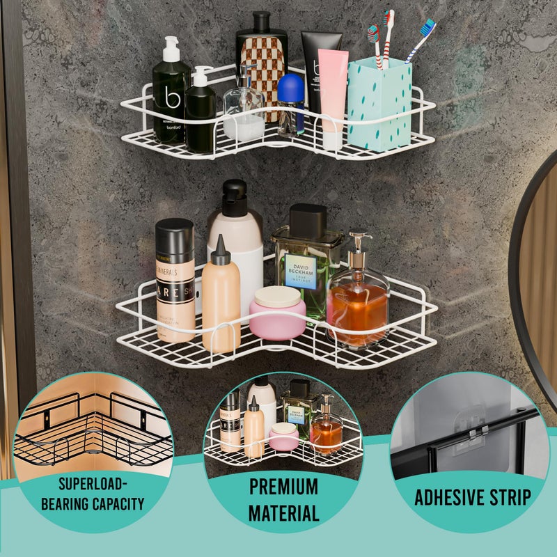 Kuber Industries 2 Pcs Metal Self Adhesive Bathroom Organiser with Drill Screws | Bathroom Corner Shelves/Rack | Bathroom Shelf for Wall Adhesive | Corner Stand Bathroom Accessories | White - Image 4