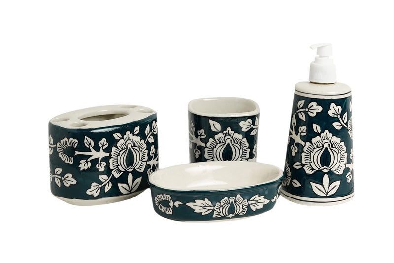 Yourowndcor Handmade Mughal Ceramic Handcrafted/Stoneware Combo of Soap Dispenser, Tooth Brush Holder, Tumbler and Dish in Floral Art(Green and White) - Image 1