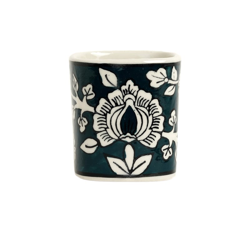 Yourowndcor Handmade Mughal Ceramic Handcrafted/Stoneware Combo of Soap Dispenser, Tooth Brush Holder, Tumbler and Dish in Floral Art(Green and White) - Image 4