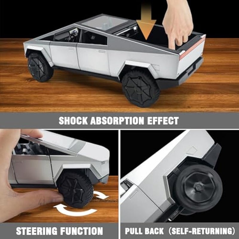 Cybertruck Model: 1/32 Diecast Metal Toy Trucks with Lights and Sounds, Mini Vehicles Toys for Boys, Ages 3 and Up (Silver) - Image 4