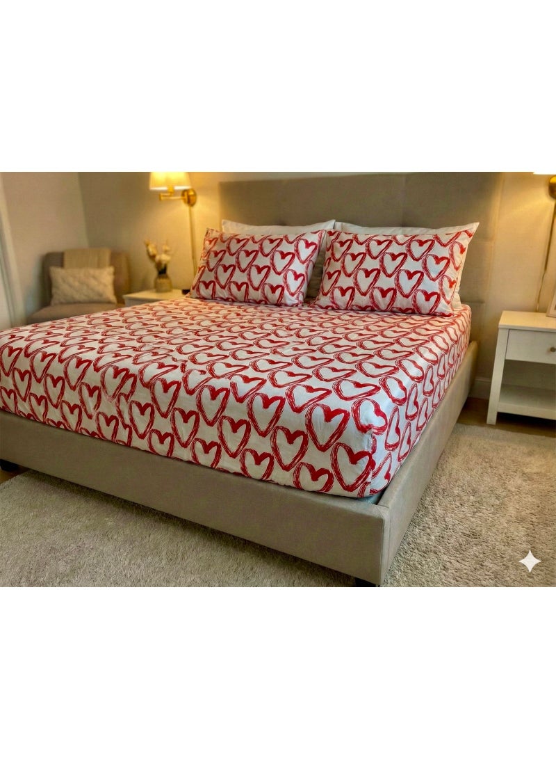 Yarlin-Bed Set (Fitted Bedsheet for 160 cm beds and 2 Small Pillowcases (Big Red Heart) Design