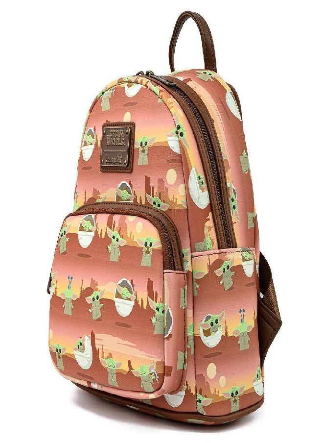 Loungefly - Loungefly Star Wars Baby Yoda Brown AOP Womens Double Strap Shoulder Bag Purse - Image 1