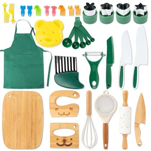Busy edition 20 PCS Kids Safe Knife Set for Real Cooking Montessori Kitchen Tools for Toddlers Cooking Baking Set for Little Chefs Kids Kitchen Knife Crinkle Cutter Kid Apron for Girls Boys - Image 1