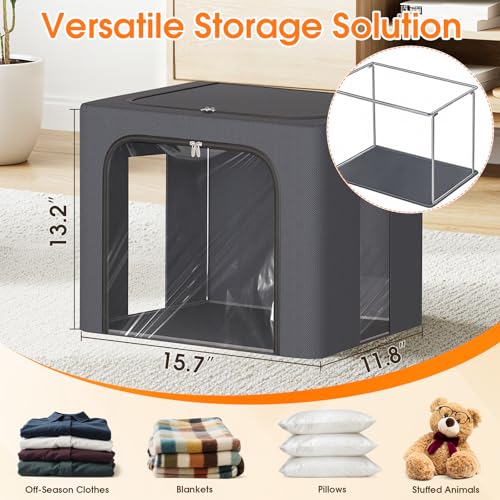 EpicTotes 4 Pack Clothes Storage Bins with Metal Frame, 40L Foldable Fabric Storage Boxes with Clear Window, Front & Top Zipper Openings, Stackable Organizer Bins with Handles for Closet & Bedroom (Light Grey) - Image 2