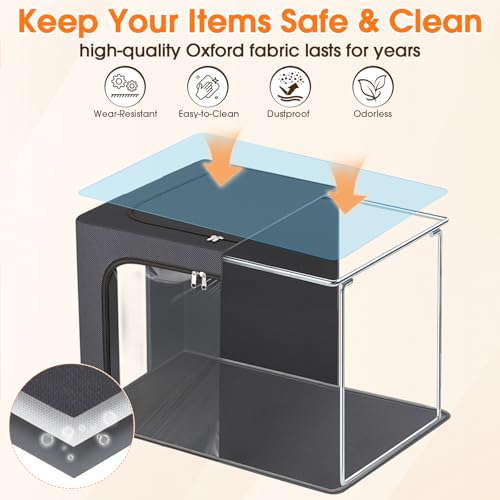 EpicTotes 4 Pack Clothes Storage Bins with Metal Frame, 40L Foldable Fabric Storage Boxes with Clear Window, Front & Top Zipper Openings, Stackable Organizer Bins with Handles for Closet & Bedroom (Light Grey) - Image 4