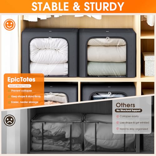 EpicTotes 4 Pack Clothes Storage Bins with Metal Frame, 40L Foldable Fabric Storage Boxes with Clear Window, Front & Top Zipper Openings, Stackable Organizer Bins with Handles for Closet & Bedroom (Light Grey) - Image 3