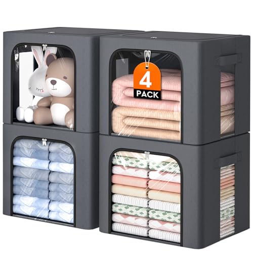 EpicTotes 4 Pack Clothes Storage Bins with Metal Frame, 40L Foldable Fabric Storage Boxes with Clear Window, Front & Top Zipper Openings, Stackable Organizer Bins with Handles for Closet & Bedroom (Light Grey) - Image 1