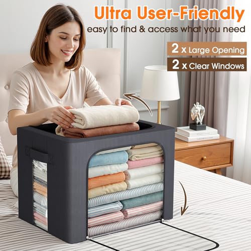 EpicTotes 4 Pack Clothes Storage Bins with Metal Frame, 40L Foldable Fabric Storage Boxes with Clear Window, Front & Top Zipper Openings, Stackable Organizer Bins with Handles for Closet & Bedroom (Light Grey) - Image 5