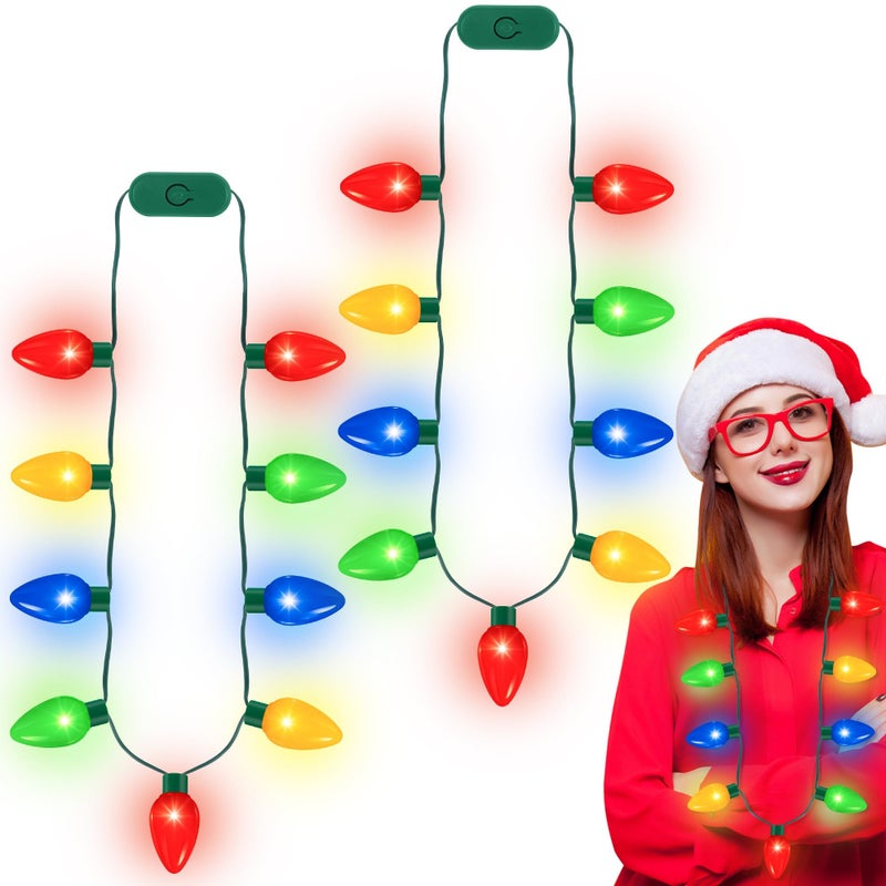 QZYL 2 Pack Christmas Light Necklace Colorful Christmas Accessories 9 LED Bulbs Light Up Necklace with 3 Flash Modes Ugly Sweater Lights for Xmas New Year Party Favor Supplies Accessories - Image 2