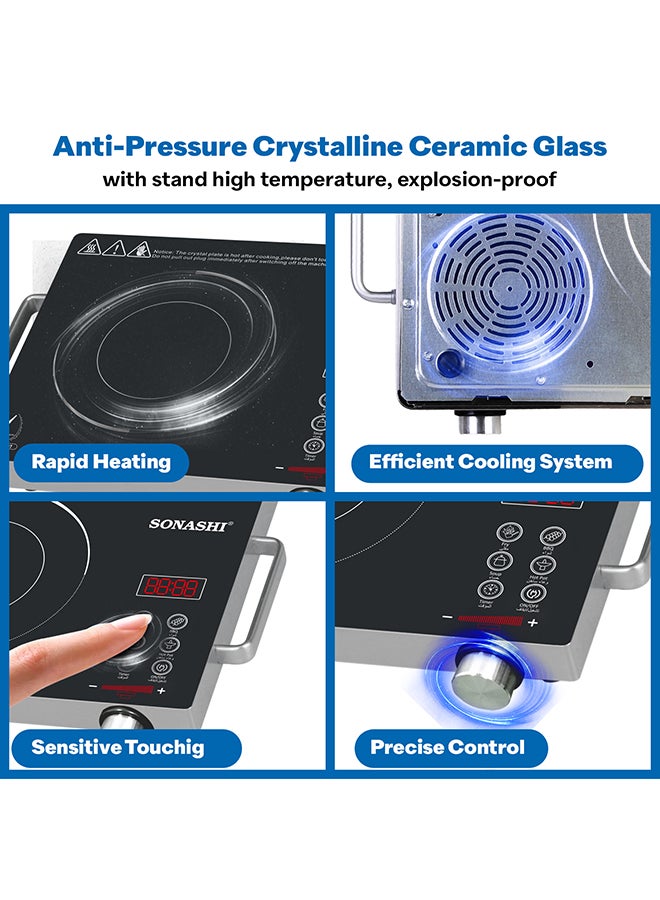 SONASHI Infrared Ceramic Cooker with Strong Anti-Pressure Crystallite Glass Plate | Safe Use with No Radiation | Sleek Design with Cool Touch Handle 2000 W SIS-016N Black - Image 3