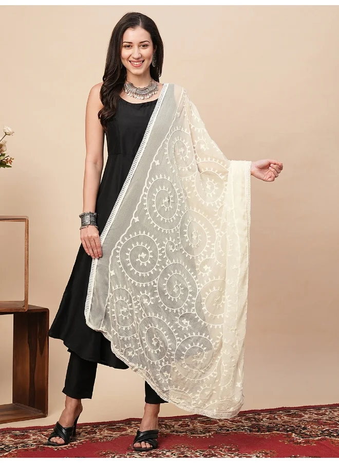 Women Off-White Embroidered Fringed Lace Dupatta
