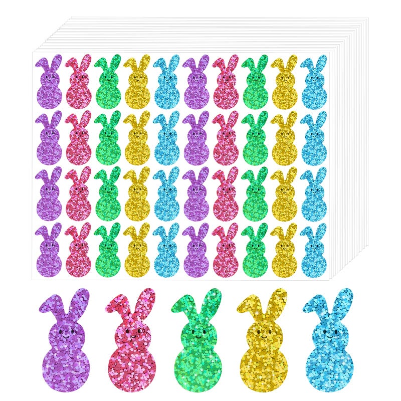 Anwyll Easter Bunny Stickers600Pcs Holographic Easter Peeps Stickers for Kid AdultSelfAdhesive Happy Easter Rabbit Shape Label Sticker for Envelope Seal Basket Egg Craft Easter Party Decor5 Color