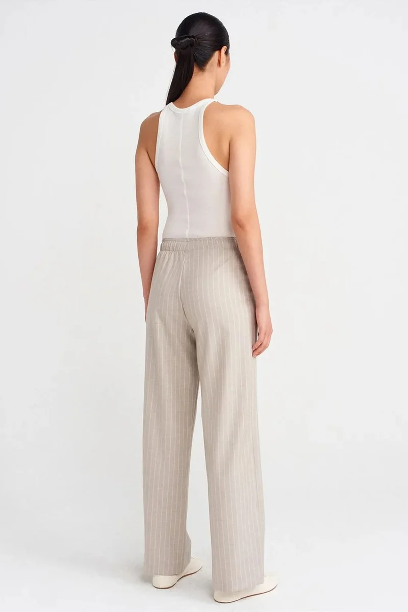 Dilvin Stone Natural DILVIN Striped Wide-leg Woven Trousers for Women | Best Price UAE