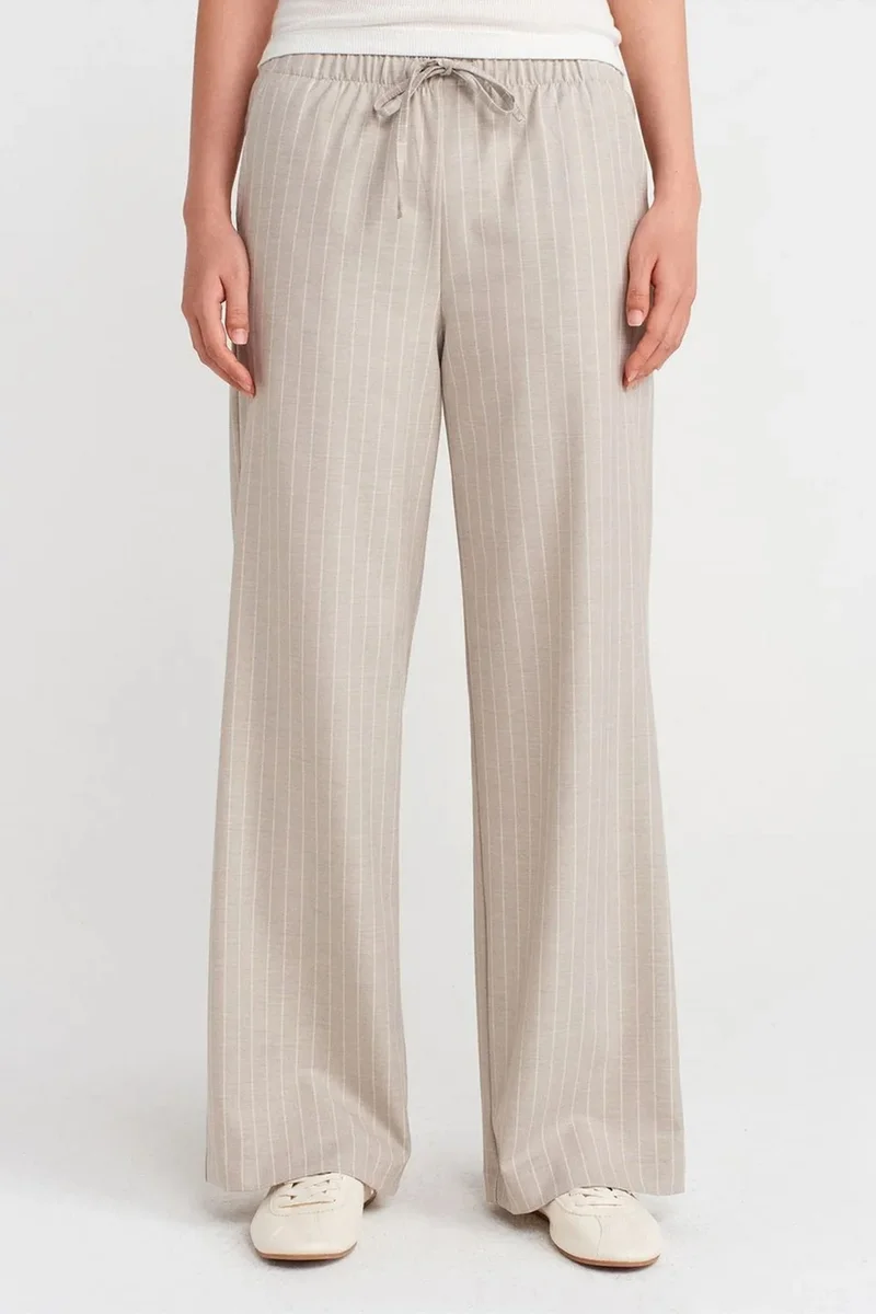 Dilvin Stone Natural DILVIN Striped Wide-leg Woven Trousers for Women | Best Price UAE