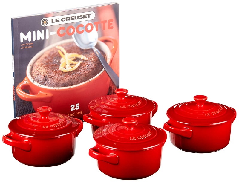 Le Creuset Le Creuset Stoneware Set of 4 Mini Cocottes with Cookbook 8 oz each Cerise