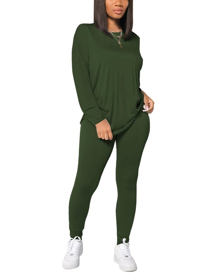 HBQ Women's Casual 2 Piece Outfits Long Sleeve Sweatsuits Drop Shoulder Tracksuits Biker Workout Jogger Sets, Army Green a, L - Image 1