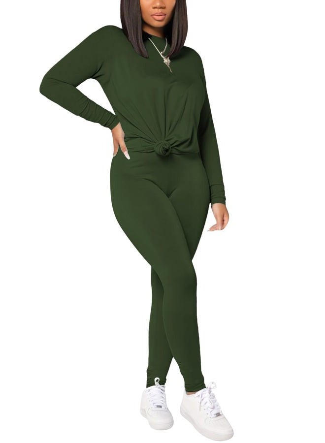 HBQ Women's Casual 2 Piece Outfits Long Sleeve Sweatsuits Drop Shoulder Tracksuits Biker Workout Jogger Sets, Army Green a, L - Image 3