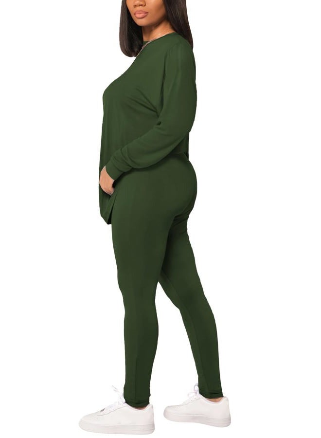 HBQ Women's Casual 2 Piece Outfits Long Sleeve Sweatsuits Drop Shoulder Tracksuits Biker Workout Jogger Sets, Army Green a, L - Image 4