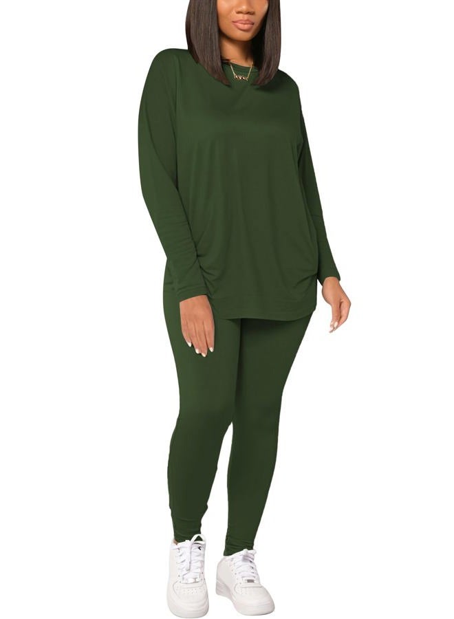 HBQ Women's Casual 2 Piece Outfits Long Sleeve Sweatsuits Drop Shoulder Tracksuits Biker Workout Jogger Sets, Army Green a, L - Image 2