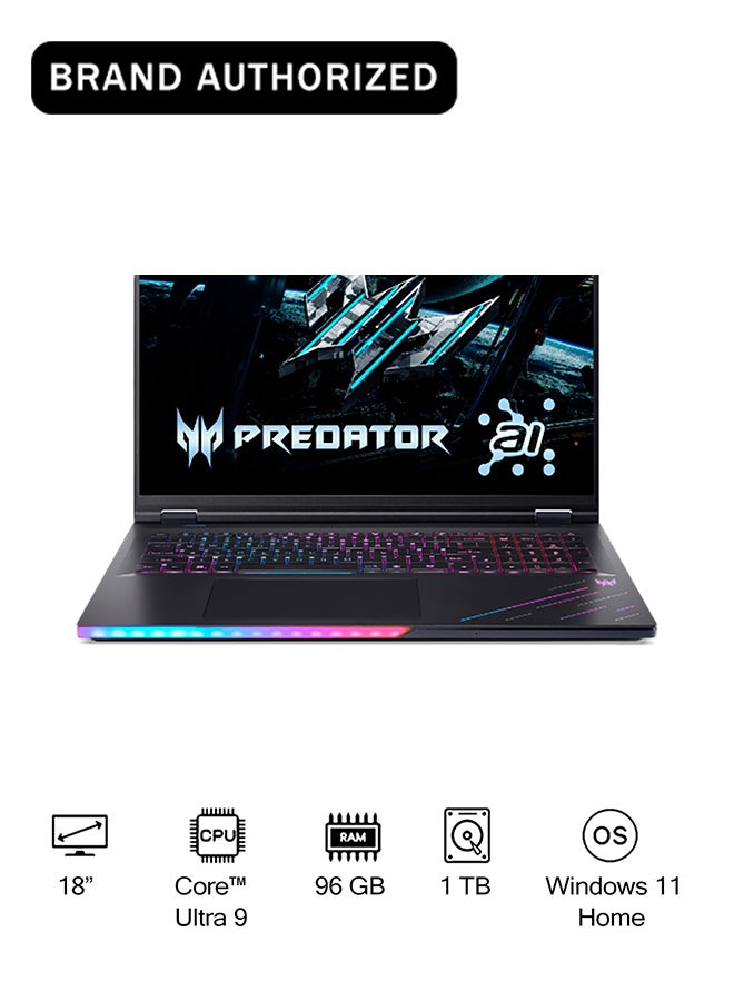 (Upgraded Version) Predator Helios PH18 Laptop With 18-Inch WQXGA Display, Core Ultra 9-275HX Processor/96GB RAM/1TB SSD/16GB Nvidia Geforce RTX 5080 Graphics/Windows 11 Pro English Abyssal Black English Abyssal Black