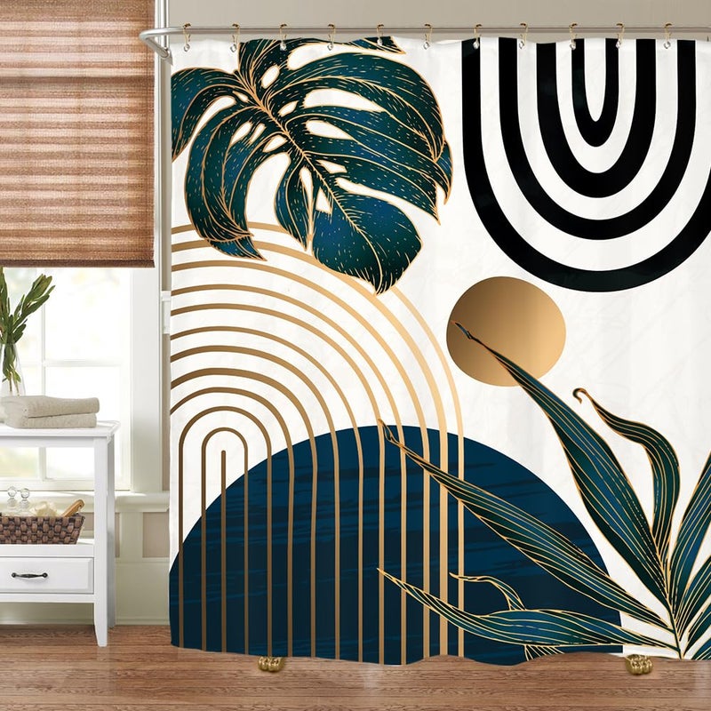 Miyotaa Abstract Modern Navy Blue Shower Curtain Set 60Wx71H Inches Minimalist Mid Century Contemporary Monstera Leaves Vintage Aesthetic Polyester Waterproof Cloth Bathroom Curtain with 12 Hooks - Image 5