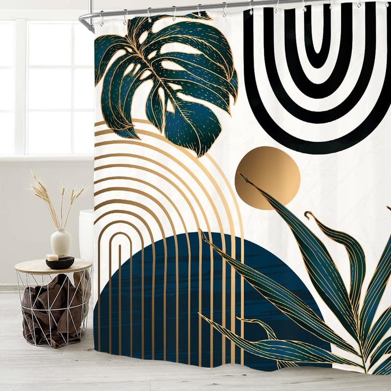 Miyotaa Abstract Modern Navy Blue Shower Curtain Set 60Wx71H Inches Minimalist Mid Century Contemporary Monstera Leaves Vintage Aesthetic Polyester Waterproof Cloth Bathroom Curtain with 12 Hooks - Image 2