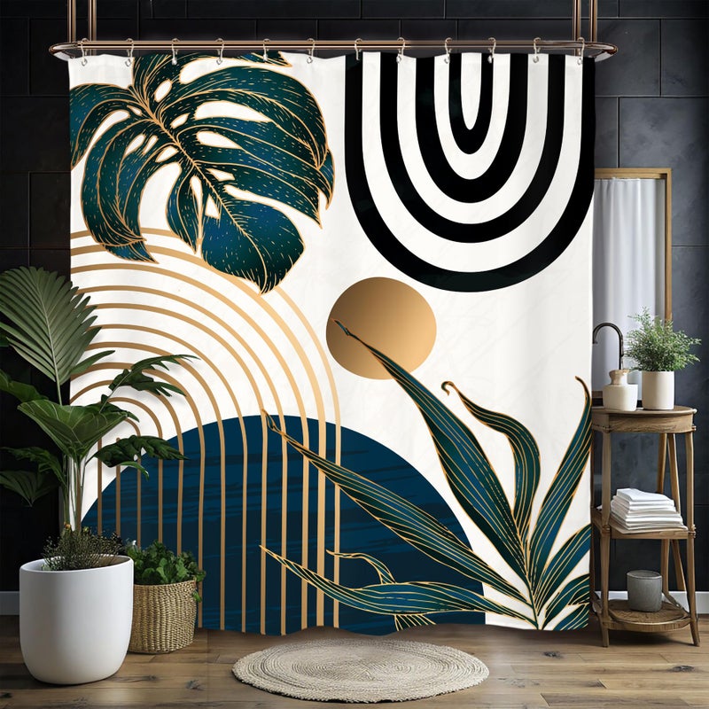 Miyotaa Abstract Modern Navy Blue Shower Curtain Set 60Wx71H Inches Minimalist Mid Century Contemporary Monstera Leaves Vintage Aesthetic Polyester Waterproof Cloth Bathroom Curtain with 12 Hooks - Image 1