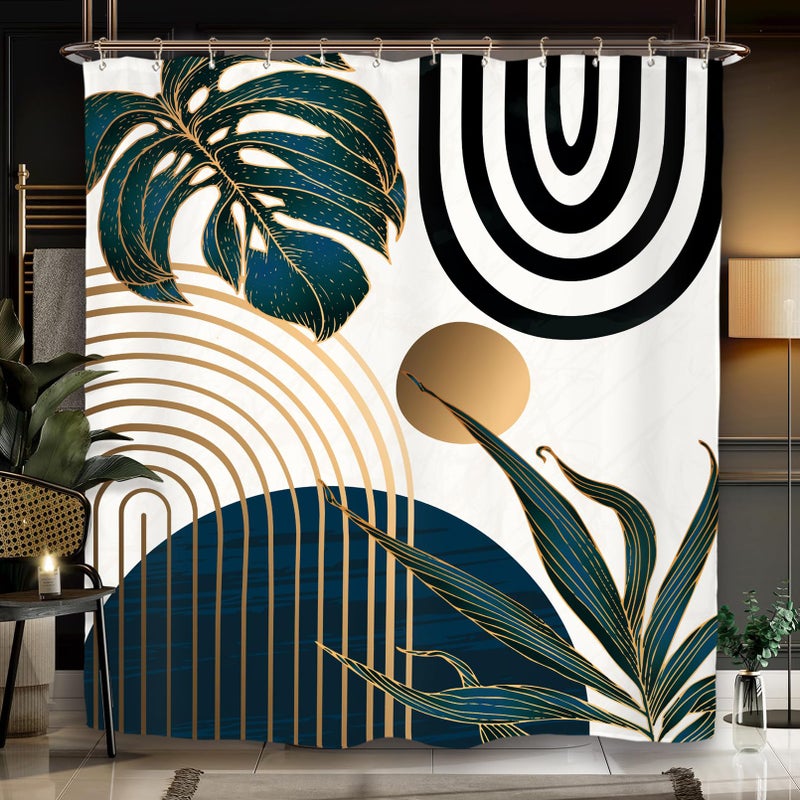 Miyotaa Abstract Modern Navy Blue Shower Curtain Set 60Wx71H Inches Minimalist Mid Century Contemporary Monstera Leaves Vintage Aesthetic Polyester Waterproof Cloth Bathroom Curtain with 12 Hooks - Image 3