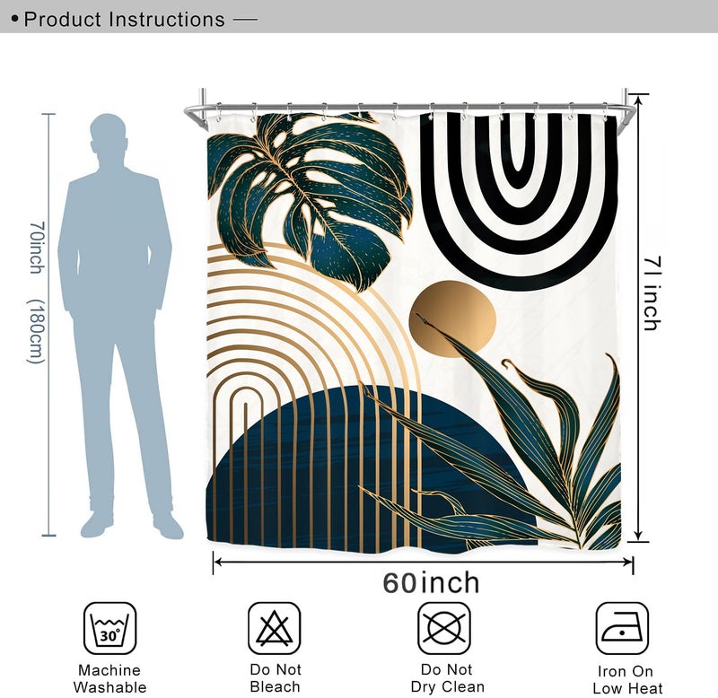 Miyotaa Abstract Modern Navy Blue Shower Curtain Set 60Wx71H Inches Minimalist Mid Century Contemporary Monstera Leaves Vintage Aesthetic Polyester Waterproof Cloth Bathroom Curtain with 12 Hooks - Image 4