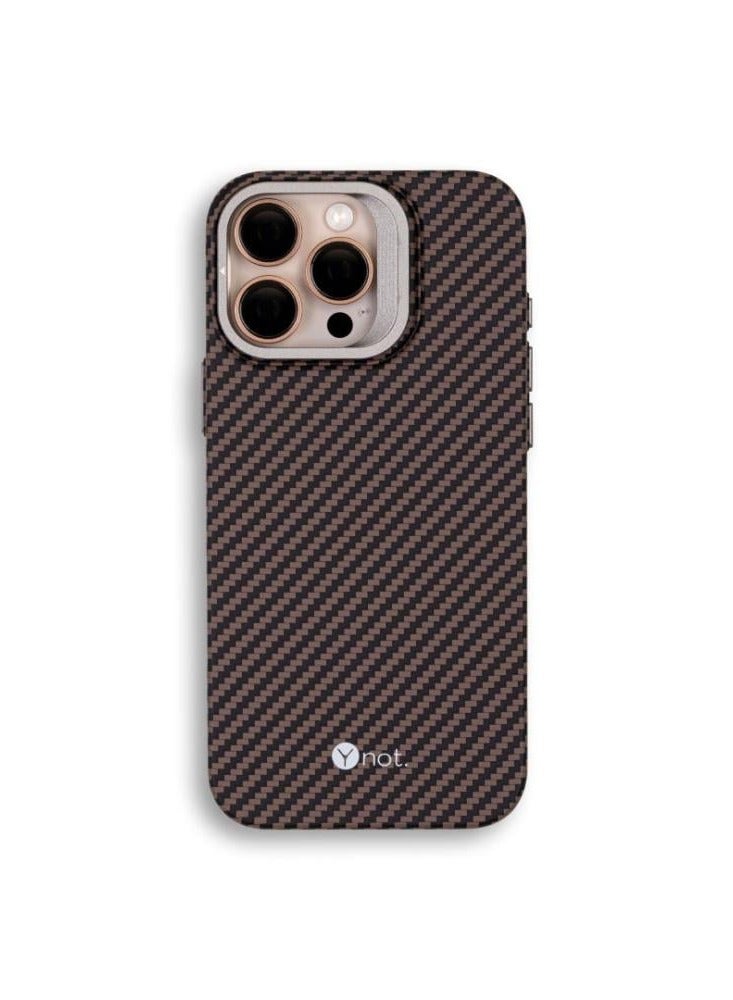YNOT MagSafe carbon fiber protection case with camera stand for iPhone 16 Pro  - Black and dark carbon brown - Image 1