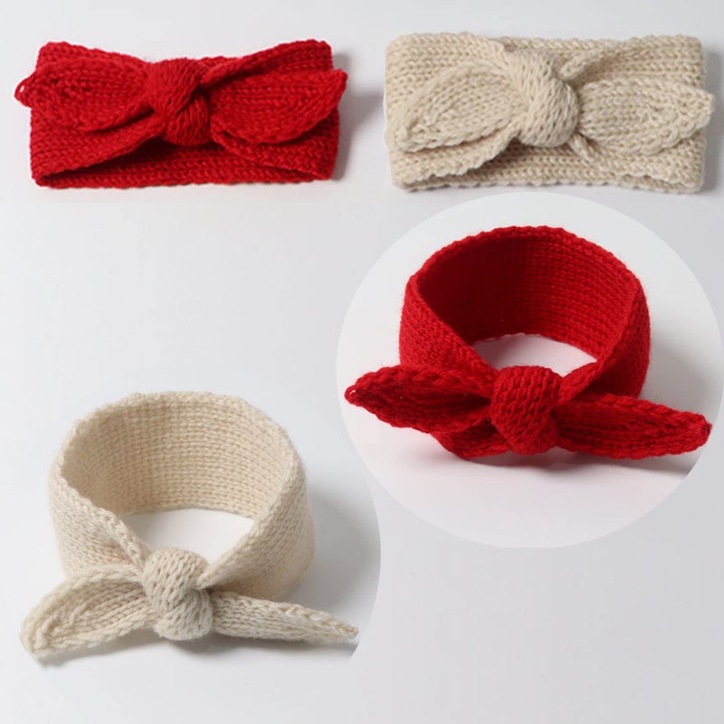 IZUS Turban Headband Baby Girl - Warm Rabbit Knot Hair Band, Knit Head Wrap for Newborn, Toddler and Children (Red + Beige) - Image 3