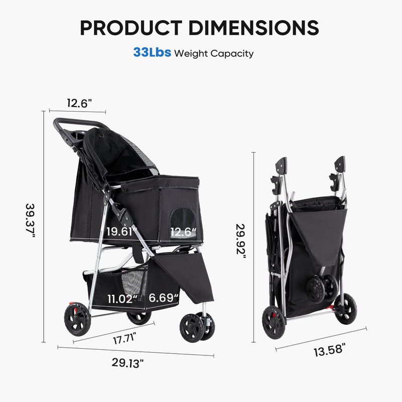 NEWBULIG 3 Wheel Pet Stroller for Dogs and Cats, Foldable, Lightweight and Durable, Ideal for Small to Medium Pets, Includes Storage Basket and Cup Holders - Image 3
