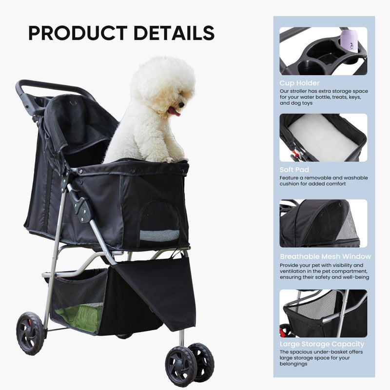 NEWBULIG 3 Wheel Pet Stroller for Dogs and Cats, Foldable, Lightweight and Durable, Ideal for Small to Medium Pets, Includes Storage Basket and Cup Holders - Image 4
