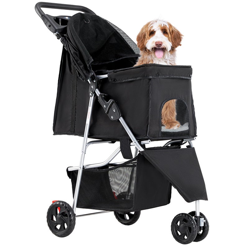 NEWBULIG 3 Wheel Pet Stroller for Dogs and Cats, Foldable, Lightweight and Durable, Ideal for Small to Medium Pets, Includes Storage Basket and Cup Holders - Image 1