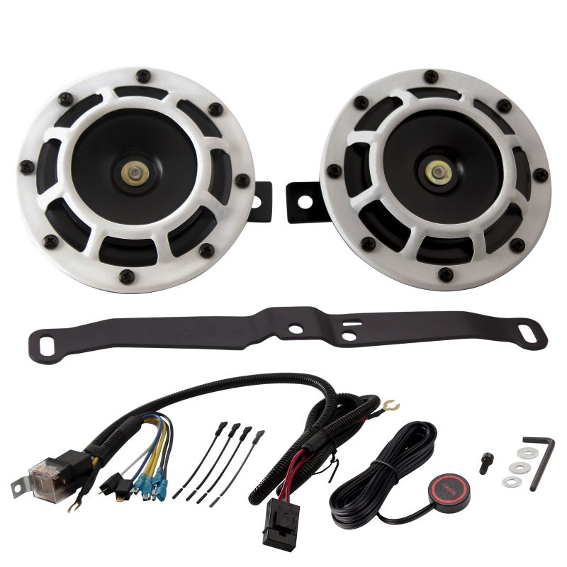 FARBIN Train Horn for Car Metal Twin Horns Kit with Relay Harness and Button BoltOn Mounting Bracket Compatible with Subaru WRX STi white horn with wire button and bracket