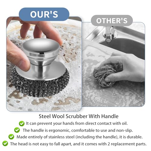 Onewly 2Pack Steel Wool Scrubber Set, Stainless Steel Scrubber with Stainless Steel Handle, for Cleaning Dishes, Cast Iron, Stock Pots, Pans, Griddles, Grills - Image 4