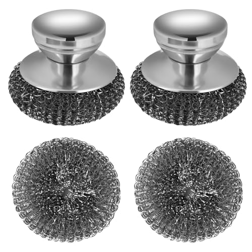 Onewly 2Pack Steel Wool Scrubber Set, Stainless Steel Scrubber with Stainless Steel Handle, for Cleaning Dishes, Cast Iron, Stock Pots, Pans, Griddles, Grills - Image 1