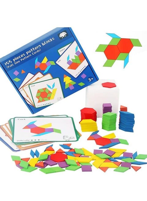 ECCHY Tangram Childrens Puzzle Toy, Geometric Shapes, Wooden Puzzles with 155 Pieces Building Blocks and 12 Double-Sided Cards, Montessori Toy for 3 4 5 6 7 Years