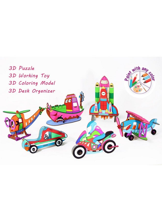 فنفينشين مجموعة نماذج تلوين ثلاثية الأبعاد من فنفنشن، مكونة من 6 قطع (طائرة ثنائية، سفينة، مكوك فضائي، دراجة، سيارة، ومروحية) - منظم مكتبي، حامل أقلام، لعبة ألغاز ثلاثية الأبعاد لتعلم العلوم والرياضيات والهندسة والتكنولوجيا - مجموعة تلوين للأطفال - هدايا عيد ميلاد - Image 2