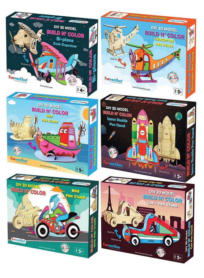 فنفينشين مجموعة نماذج تلوين ثلاثية الأبعاد من فنفنشن، مكونة من 6 قطع (طائرة ثنائية، سفينة، مكوك فضائي، دراجة، سيارة، ومروحية) - منظم مكتبي، حامل أقلام، لعبة ألغاز ثلاثية الأبعاد لتعلم العلوم والرياضيات والهندسة والتكنولوجيا - مجموعة تلوين للأطفال - هدايا عيد ميلاد - Image 1