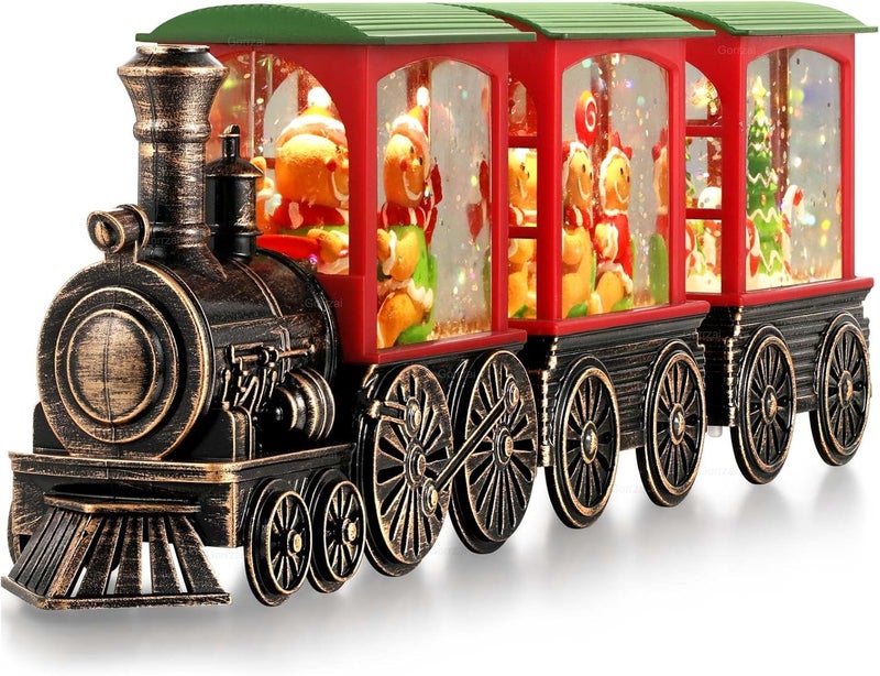 Gorrzai Train Snow Globe Christmas Snow Globe Lantern with Auto 6H Timer and Manual Glitter, Lighted Christmas Decorations Indoor with Gingerbread Man Tree for Home Tabletop, Battery Operated - Image 1